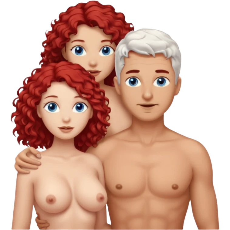 Homme nu cheveux blanc courts, yeux bleu barbe naissante + femme nu gros seins rousse cheveux longs bouclés yeux bleu emoji