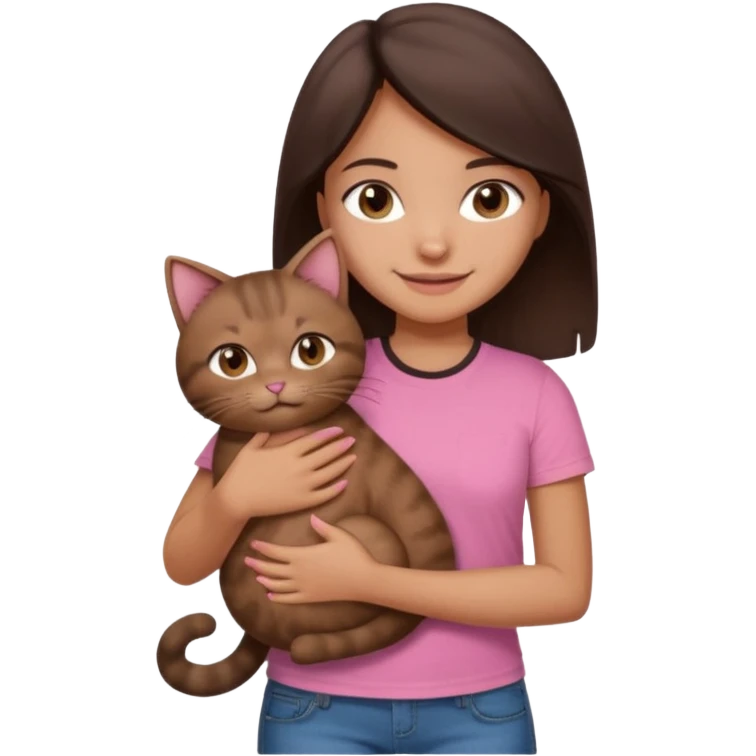 As una chica con piel marron claro con el pelo  medio largo color marron oscuro que tenga la chica una camiseta rosada mangas cortas con un jean claro que tenga ojos marrones la chica que la chica este sonriendo mientras sostiene entre sus brazos un gato negro gordito. emoji
