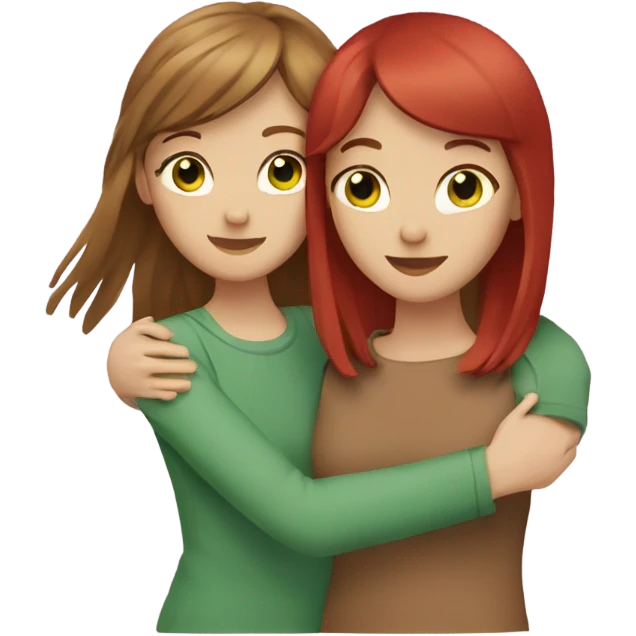 Two Caucasian girls hugging, 1 with long brown hair and brown eyes, 1 with red hair and bangs with green eyes emoji