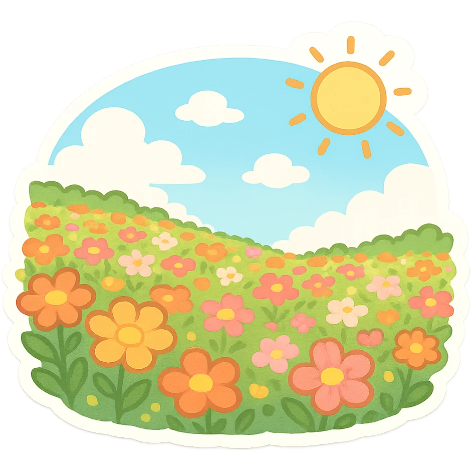 一片花海，蓝天，白云，太阳 emoji