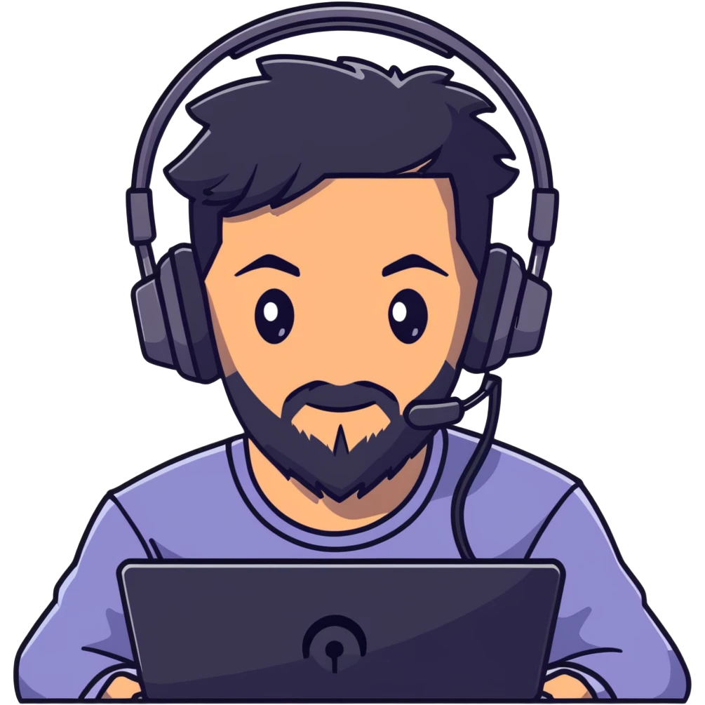 Detailed anime-style character with textured black hair, intense brown eyes, well-groomed black beard, and gaming headset with mic, dramatic anime lighting, detailed face emoji