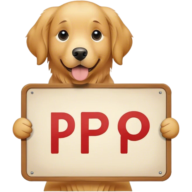 a dog holding a sign with just the letter p m o emoji