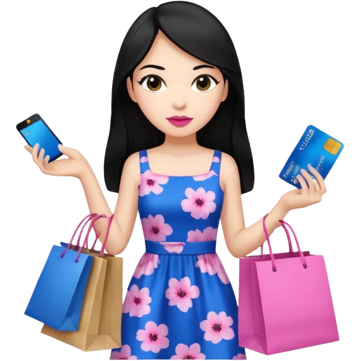 Girl with long black hair, pink lipstick, brown eyes holding shopping bags and blue credit card and wearing a dress  emoji