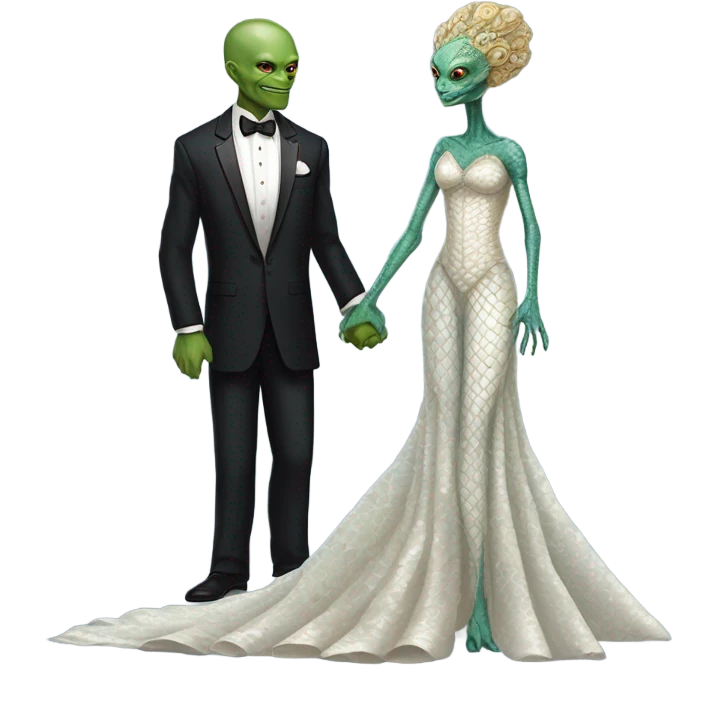 Alien reprilian woman in wedding dress and one humman man in a tuxedo holding hands getting married emoji