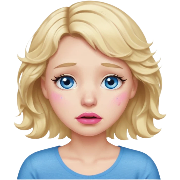 Girl Blonde short wavy hair,  blue eyes, cute blue top, long lashes, pink lips,crying with big tears running down the face  emoji