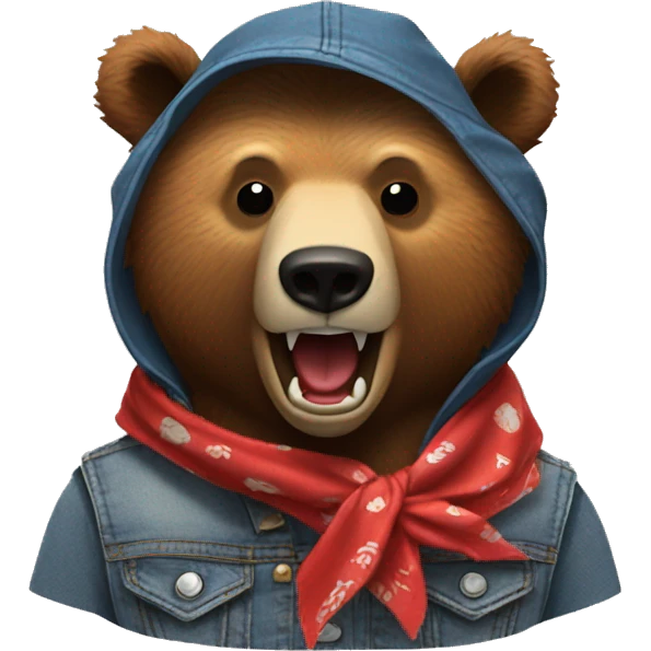 grizzly bear wearing sleeveless jean jacket and red bandana around head with open mouth emoji
