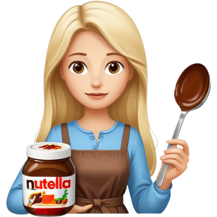 Nutella with a spoon. The glas of Nutella is almost empty . Next to the Nutella is the head of a blond woman who is looking forward to eat the Nutella. The hair of the woman needs to be longer. She is holding a big carriage of Nutella in her right hand and a oversized spoon in the other  emoji