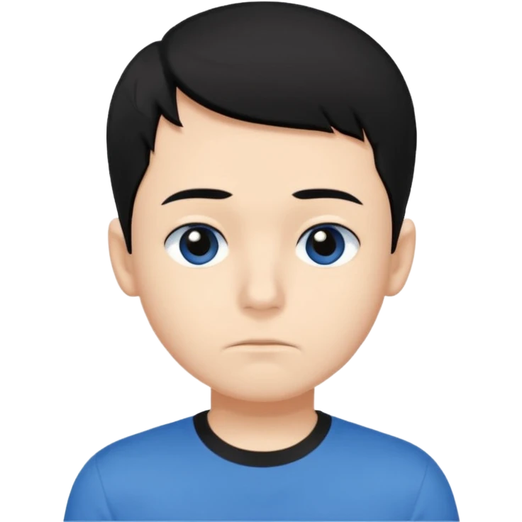 Cute apple emoji-style boy portrait, black hair, blue t-shirt, big black eyes, closed mouth,clean bold lines, flat colors, minimal shading emoji