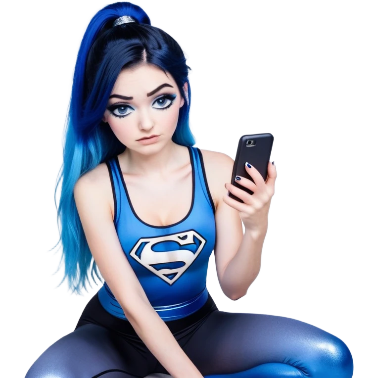 Crying big tears-Texting on phone-very very very large upper body-sexy face-bending forward at waist-very long very straight dark blue to light blue ombre hair-and-blue eyes-thick black eyeliner-thick long eyelashes-iridescent blue lowcut tanktop with black leggings with glitter superman logo emoji