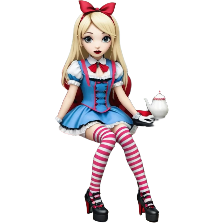  3d rendering,  ultra detailed, Alice in wonderland modern style in a punk gothic style outfit, stripped knee high socks, gothic platform heels, long blonde hair, eyeliner, red lipstick, perfect makeup, at the tea party in gothic victorian style,  transparent background
 emoji