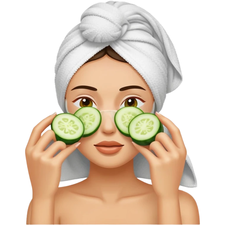 Faceshot of a woman in a towel with cucumbers covering her eyes emoji