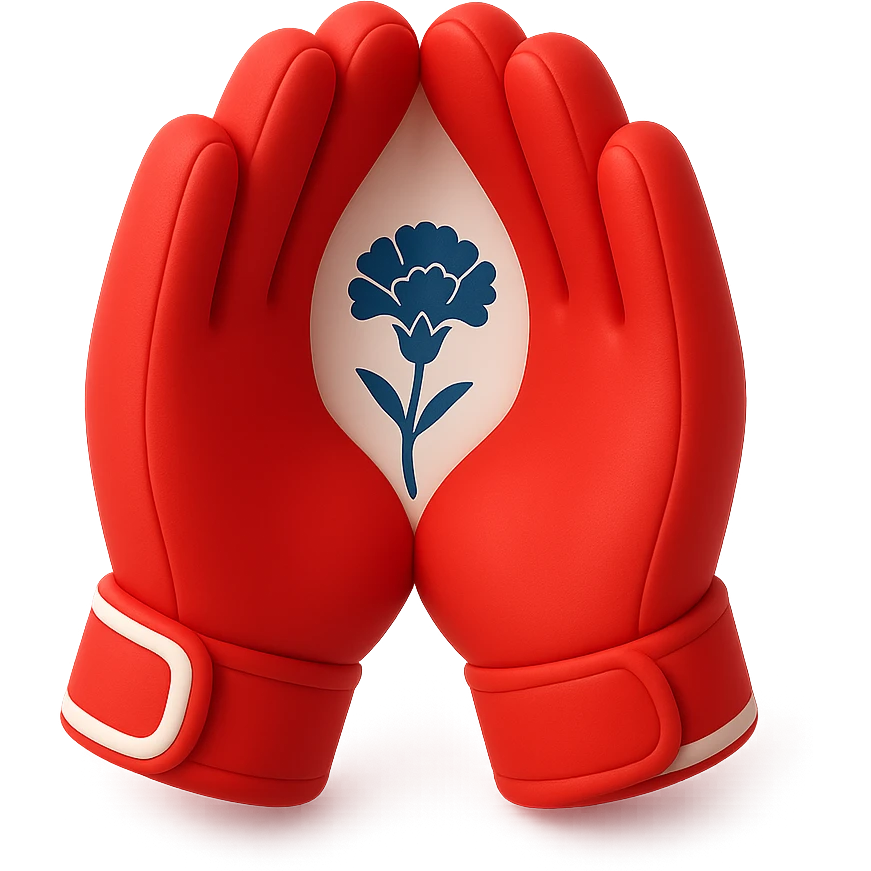 3D red batting gloves, joined at the palms, with a blue carnation design visible on the inside when held together emoji