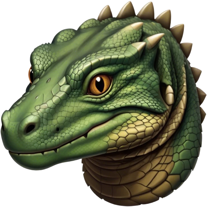 Cinematic Realistic Noble Komodo Dragon Portrait Emoji, Poised and imposing, with a massive, rugged build and a weathered, intricately scaled hide in earthy olive and dark tones, a distinct, powerful head with sharply defined features and piercing eyes, rendered in lifelike detail with natural texture and shadow, high shine, intelligent and formidable, styled with an air of ancient reptilian authority, focused and attentive, soft glowing outline, capturing the essence of a watchful and commanding Komodo dragon that appears ready to emerge from the screen with raw power! emoji