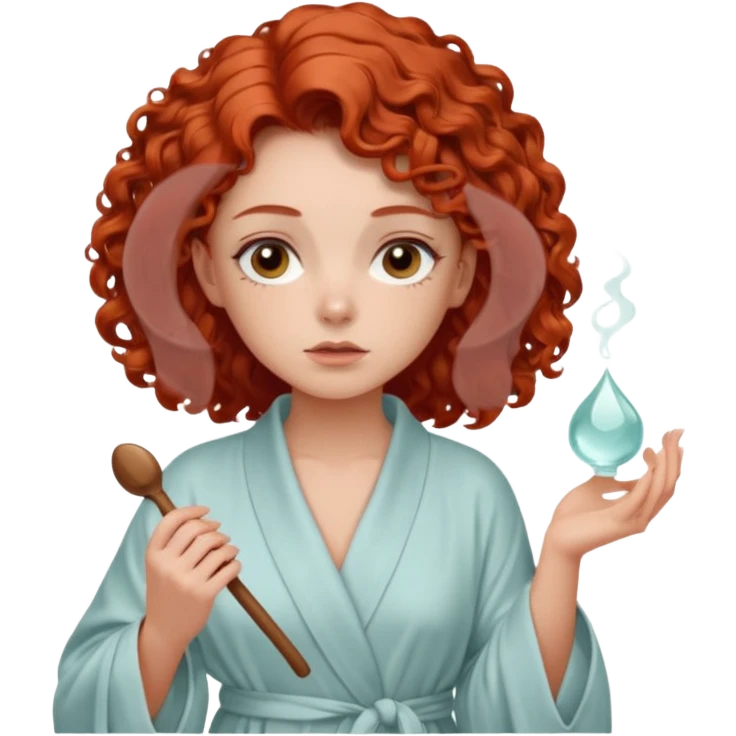 Cartoon emoji of a girl with voluminous curly red hair, fair skin, warm brown eyes. Wearing a chic milky silk robe with long sleeves, no makeup. Portrait mode, holding a gua sha, looking doubtful and unsure. Smooth, simple, stylized." emoji