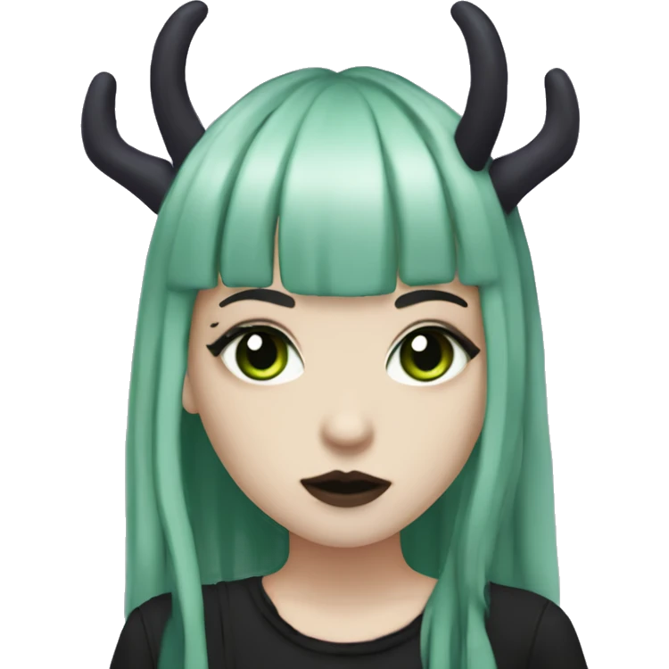 gothic girl, pale skin, green eyes, hair as a dreads, deep dark purple hair, bangs, black clothes, eyeliner, upper lip mole, antlers  emoji