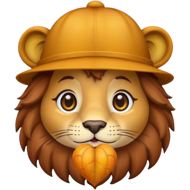 cute lion with a chestnut hat, emoji-inspired, big sparkling eyes, warm friendly face, autumn color palette, simple cartoon look emoji