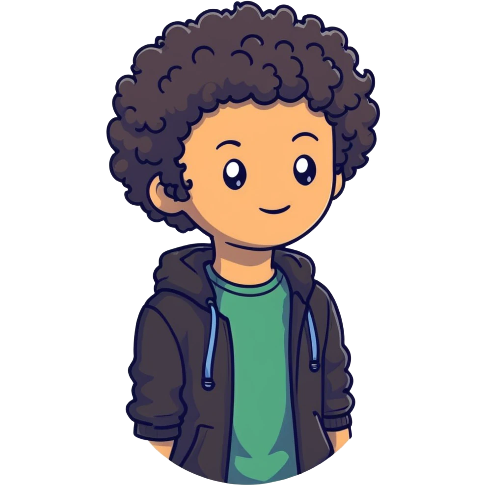 Teen boy with curly hair, casual clothes, friendly expression emoji