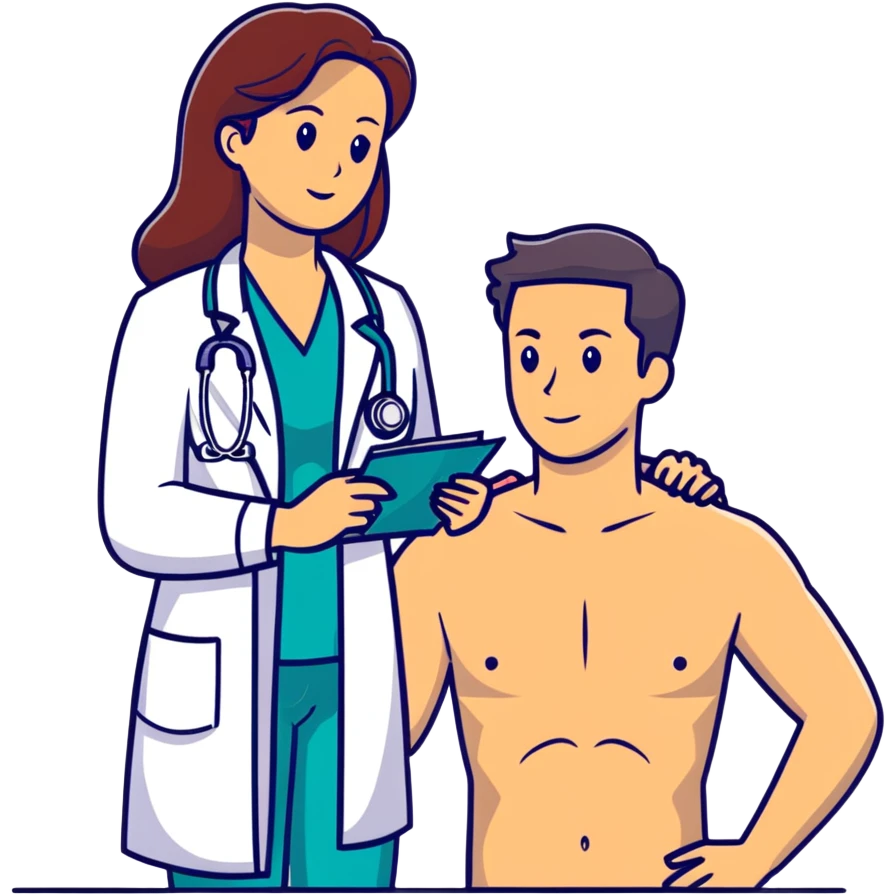 Professional female physician examining male patient's chest with stethoscope during routine medical check-up, patient sitting shirtless emoji
