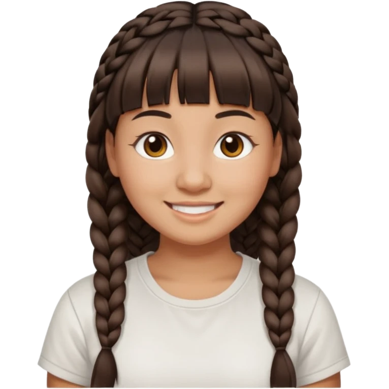 27 year old woman with tan skin, dark brown hair in low braids, blunt cut bangs, chubby face, brown eyes, smiling without teeth showing, white tee shirt emoji