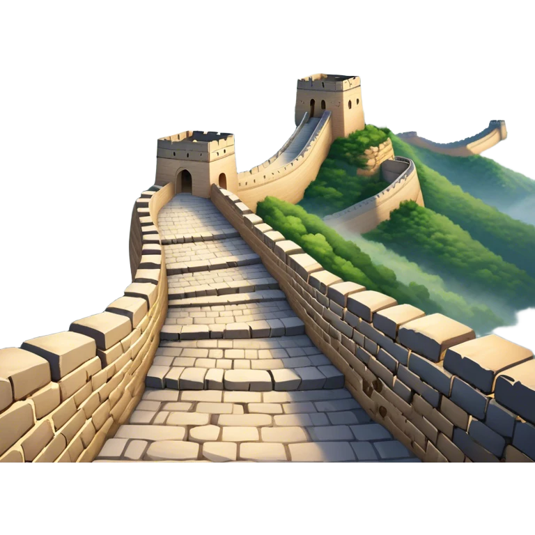Cinematic Realistic Great Wall of China Landmark Emoji, depicted with ancient stone pathways winding over rugged mountains, watchtowers punctuating the misty landscape, and soft golden sunlight casting dramatic shadows. emoji