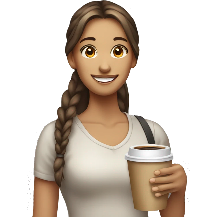 smiling girl with long hair ponytail standing with a coffee in her hands emoji