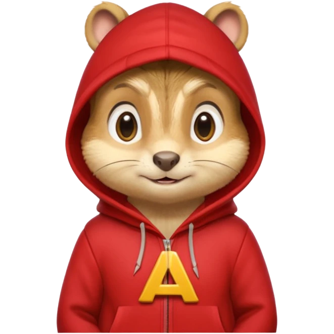 Portrait of a cartoon chipmunk with light brown and beige fur, wearing a red hoodie no zip with a yellow 'A' on it, big round eyes, small nose, and a mischievous grin, front-facing, stylized in animated movie style emoji