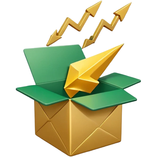 3D minimal open box with small floating icons coming out (envelope, lightning bolt, star), soft matte finish, deep green (#0B3D2C) box, gold (#C9B037) floating icons, Apple style, ultra clean and sleek, very soft ambient shadow, transparent background emoji