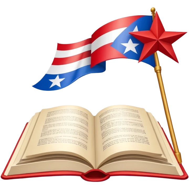 Scenic design book with Puerto Rican flag colors and pattern flowing through its pages, theater stage elements and flag's star incorporated into book design emoji