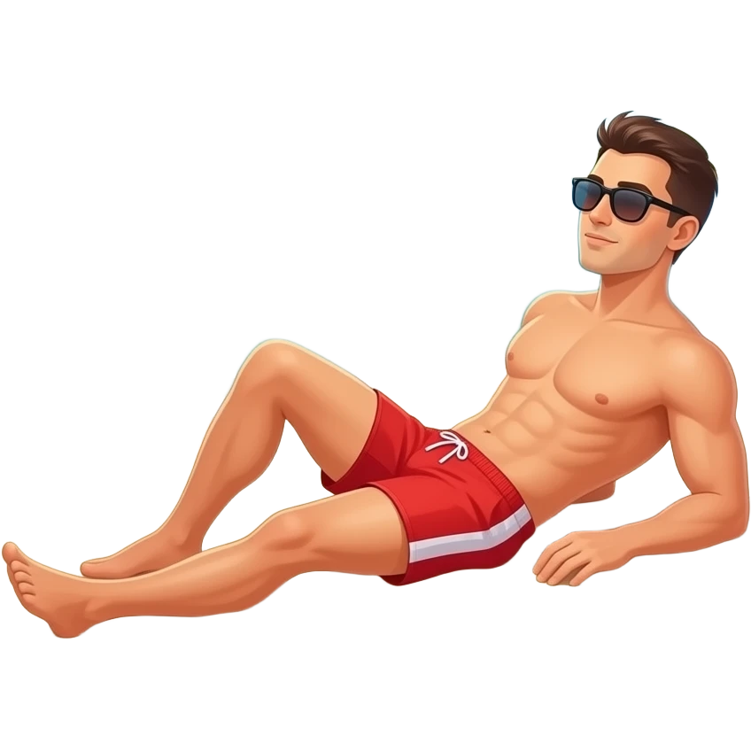 Erstelle ein Bild von einem Strand, mit im Bild ist ein Mann zusehen der sich sonnt, er trägt nur rote speedo und Oberkörper frei und trägt eine Sonnenbrille emoji