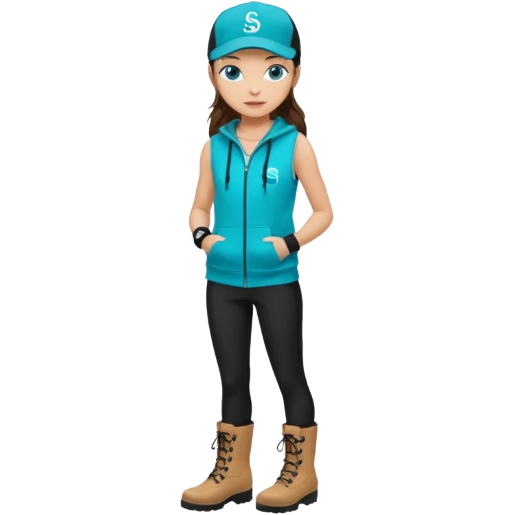 A landscaper in a beautiful turquoise hoody and turquoise rubber boots, black pants, and a black sleeveless shirt. On her head is a black color Swissotel baseball cap. The girl is a brunette with blue eyes. emoji