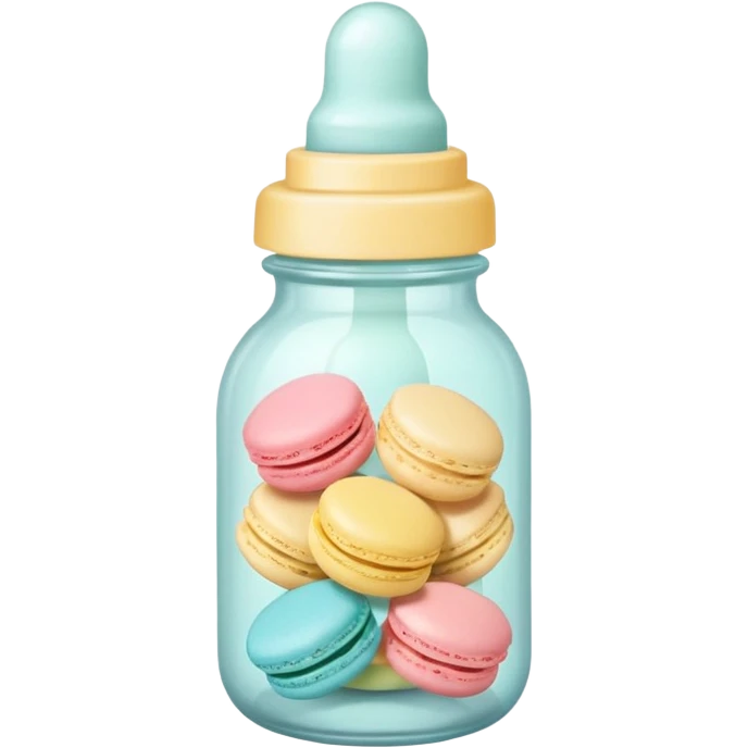 A cute baby bottle with a light yellow nipple and cute stickers on the bottle body. Macaron color palette emoji