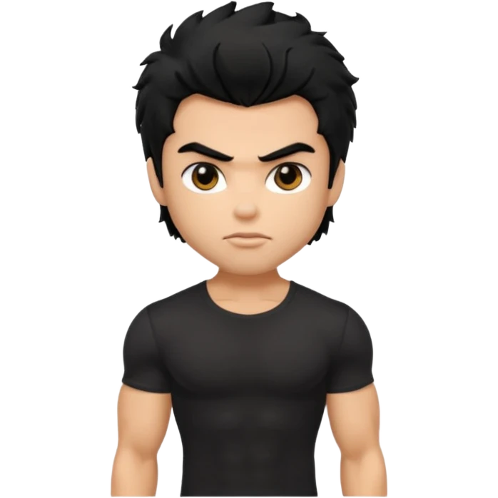 a pretty bratz guy with black hair with big muscles and shaggy hair in a tight black tee emoji
