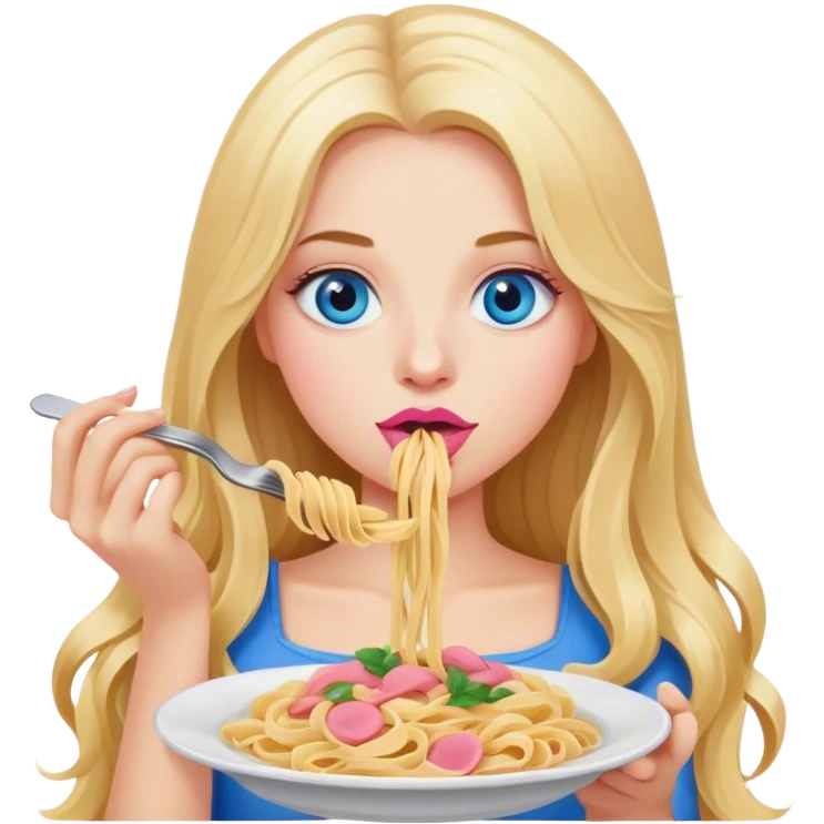 Cinematic realistic blonde with long hair, blue eyes and pink lips eats pasta emoji