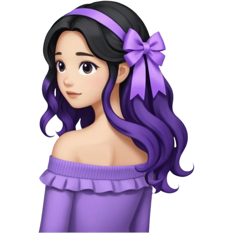 Girl with black wavy long hair and a ribbon hair clip beside it make it look like wearing a lavender off shoulder sweater make its hair stay in the back emoji