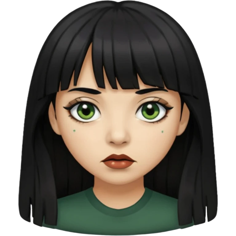 Mulher de franja cabelo preto pele verde bem escuro com a cara machucada com os olhos regalado fundo escuro cabelo longoo emoji