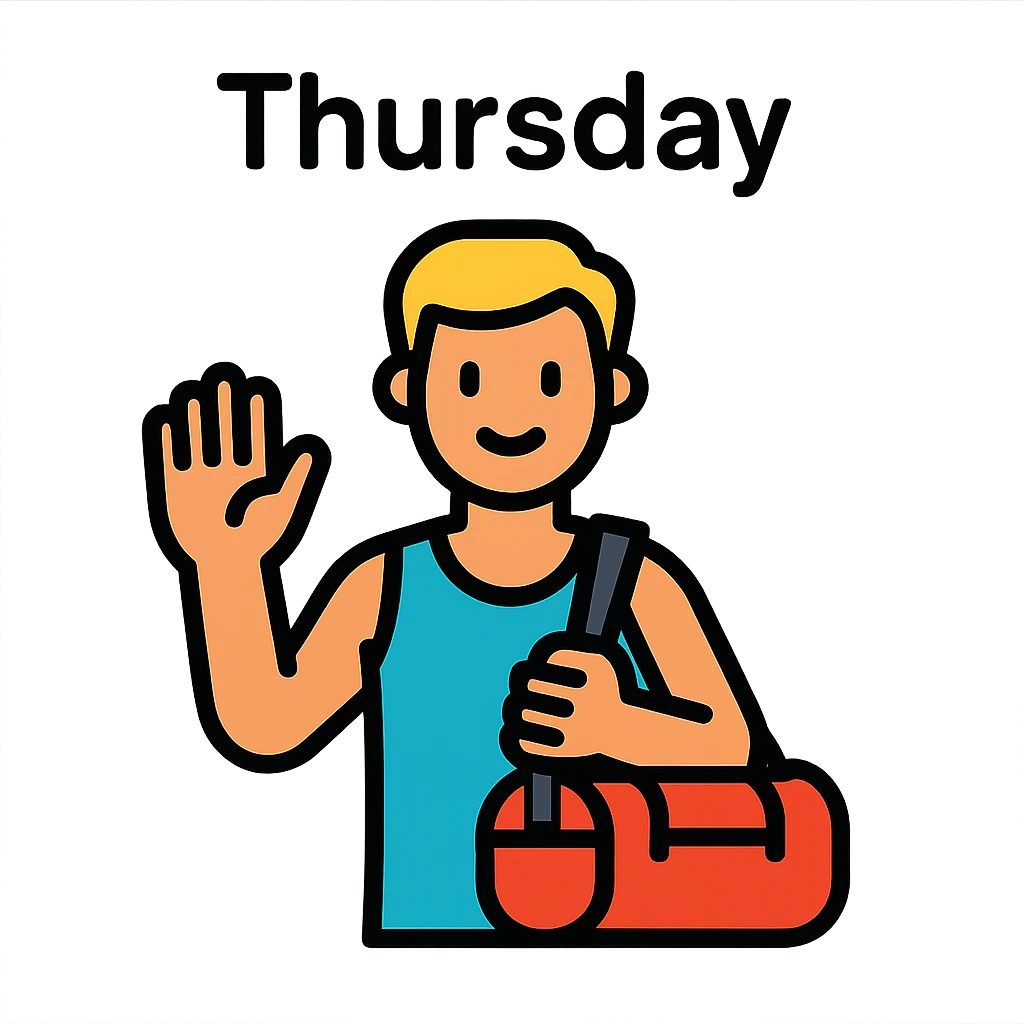 a sportsman holding his gymbag waving his hand goodbye. The word Thursday is above the sportsman emoji