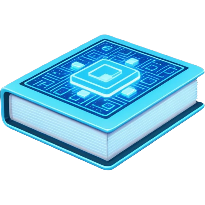 Pixel art emoji icon of a futuristic holographic book (help), neon blue sci-fi voxel style, cute tech aesthetic, centered, simple, high contrast, 3D shading, soft glow, transparent background, 100x100 px, game UI icon emoji