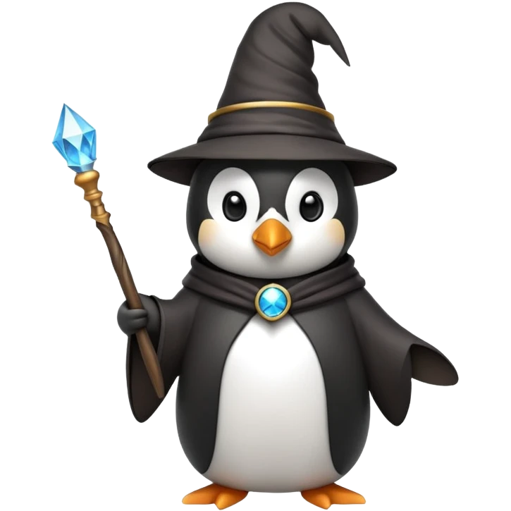 penguin wearing a wizard hat and robe, holding a magic wand emoji