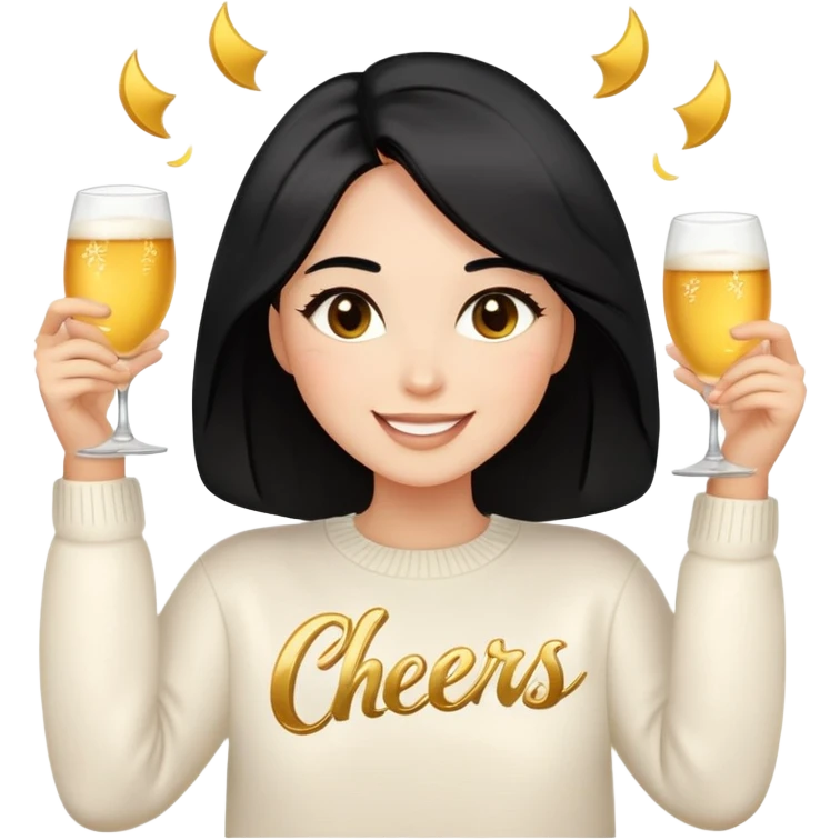 A woman with shoulder-length black hair, light to medium skin tone, full cheeks, and almond-shaped eyes, wearing a white sweater with the word 'cheers' in gold script, lying comfortably on a bed with soft lighting, joyful and radiant expression, emoji style, no drinks. emoji