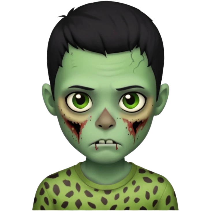 Zombie boy with green skin and sleepy eyes and scars on his face and a shirt that has cheetah texture and black hair emoji