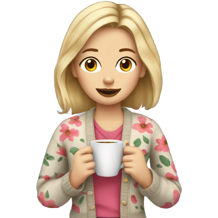 dirty blonde haired girl holding a cup of coffee wearing a floral cardigan emoji