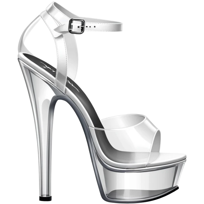 clear platform heel, pole dancing heel, pleaser, white, all translucent , gun on the heel part emoji