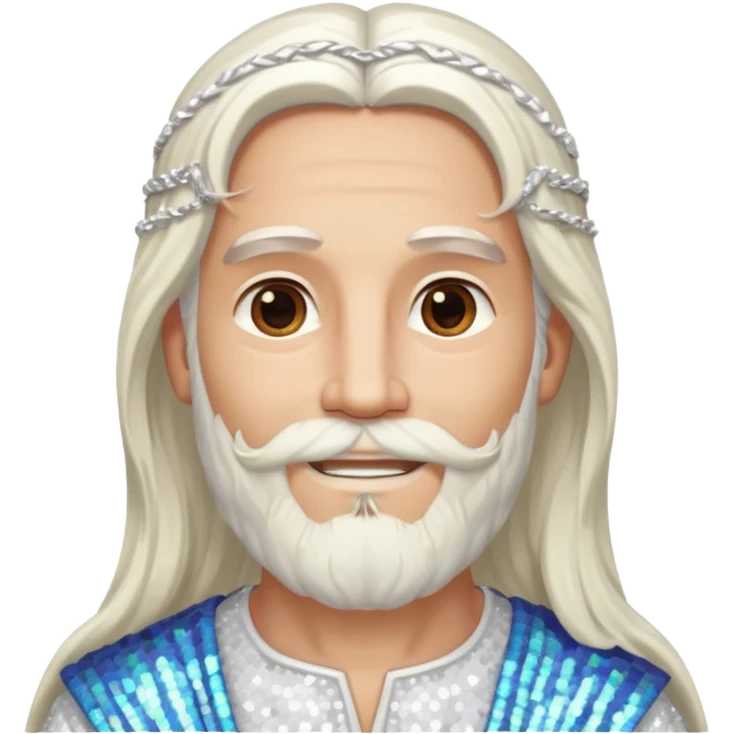 Jesus, Son of God from Gods and Goddesses with long white hair and beard, white sequin outfit emoji