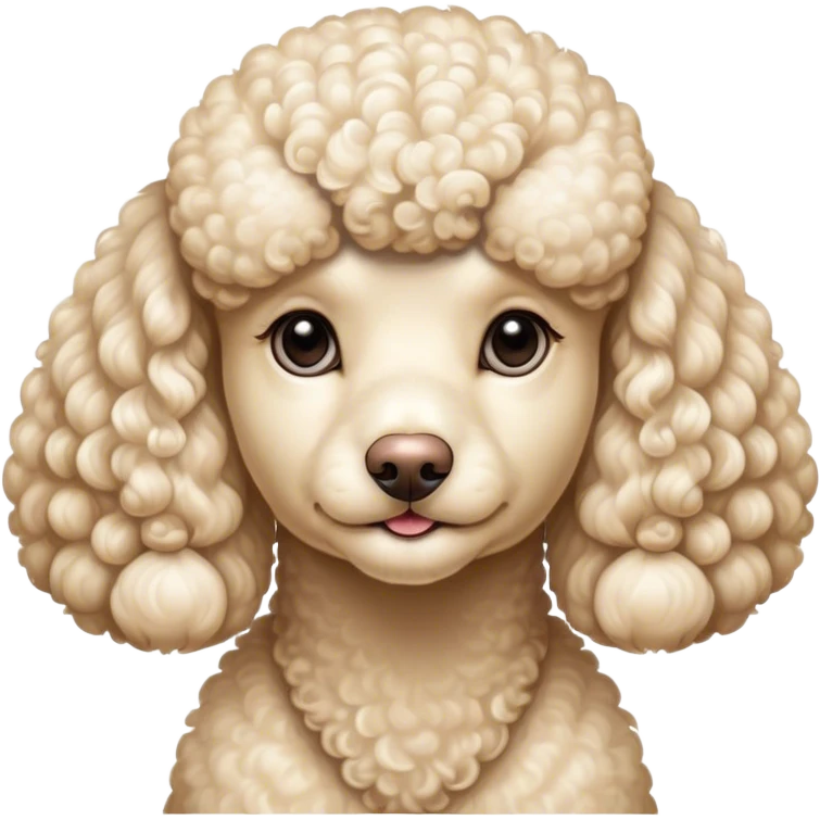 Cinematic Noble Cream Poodle Portrait Emoji, Poised and regal, with a refined, elegant build and a meticulously groomed, curly cream Fur, deep-set soulful warm eyes, Simplified yet sharp and sophisticated features, highly detailed, glowing with a soft, dignified glow, high shine, intelligent and graceful, stylized with an air of sophistication, focused and attentive, soft glowing outline, capturing the essence of a watchful and confident companion, so majestic it feels as though it could prance out of the screen with effortless authority! emoji