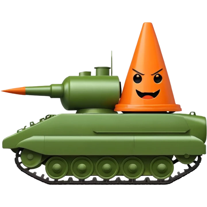 green military tank with an evil face running over a traffic cone with a sad face, cone visible under the treads, emoji style emoji