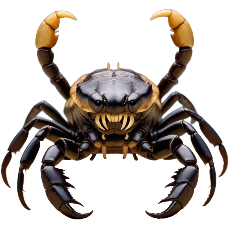 Cinematic Comical Emperor Scorpion Portrait Emoji, Head tilted dramatically with an exaggeratedly amused expression, featuring a striking, glossy exoskeleton with boldly defined pincers and wide, expressive eyes filled with playful disbelief, Simplified yet hilariously expressive features, highly detailed, glowing with a slightly sassy glow, high shine, dramatic yet playful, stylized with an air of cheeky desert mischief, soft glowing outline, capturing the essence of a spirited and over-the-top scorpion that feels like it could snap its pincers into internet fame instantly! emoji