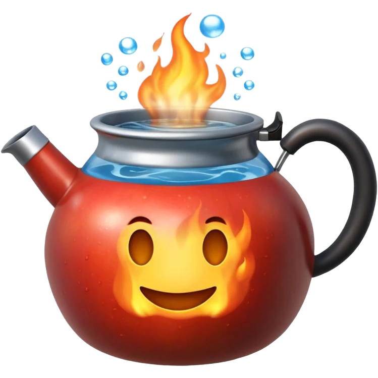 Ultra detailed 3D Apple-style emoji of a small pot or kettle filled with water placed on fire, the water is boiling intensely with visible steam and bubbles rising, bright lighting, clean white background, high-quality realistic emoji rendering. emoji