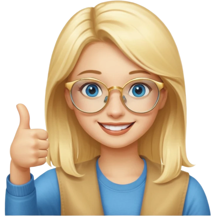 une fille blonde au yeux bleus avec des lunette dorée assez grande joyeuse avec un pouce lever emoji