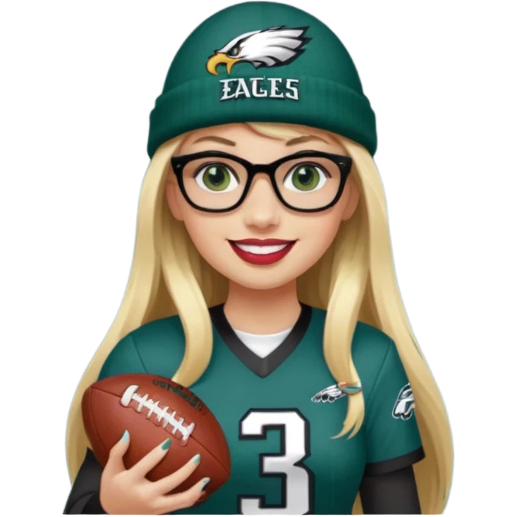 full length women wearing eagles uniform, long blonde hair, bangs, green eyes, black rectangle glasses, holding football, number 33, smiling, lipstick, eagles beanie emoji