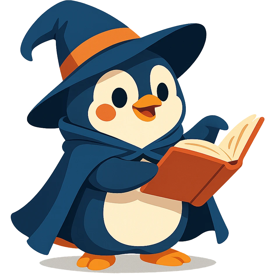 playful chubby penguin wearing a wizard cloak and hat holding an open spellbook emoji